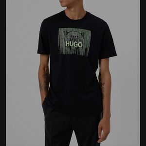 HUGO Black Crew Neck T-Shirt with Green Graphic Large